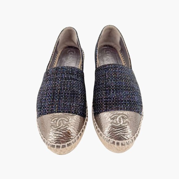 Chanel CC Cap Toe Espadrilles EU 39 US 8-8.5 Navy Metallic Tweed Slip On Flat - Picture 2 of 12
